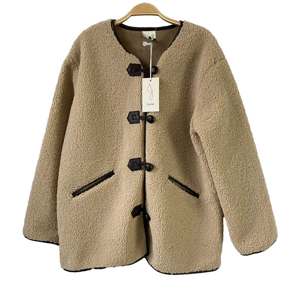 Joie Jackets & Blazers - joie Sherpa Duffle Coat Jacket Women L Beige Shearling Faux Fur Boxy Barn Chore